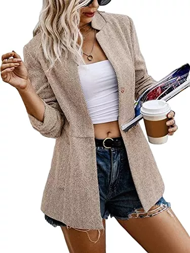 Gemijacka Blazer Gemijacka Damen Blazer Elegant Stehkragen Druckknopf Anzugjacke Freizeit Business Damenjacke mit Hahnentritt-Muster