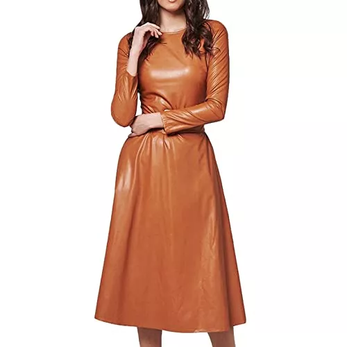 ROLAQDK Freizeit ROLAQDK Sommerhose Damen Leicht Sommerkleider Mode Sommer Frühling 2023 Lederkleid Einfach Rundhals Temperament Schlank PU Ledergürtel Kleid Satin Kleid Damen Elegant Damenkleider Festlich
