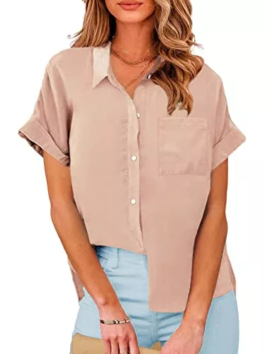 FUERI Kurzarmblusen Damen Bluse Kurzarm Bluse Ausschnitt V Shirts Freizeithemd Tunika Oversized Lose Sommer Oberteil