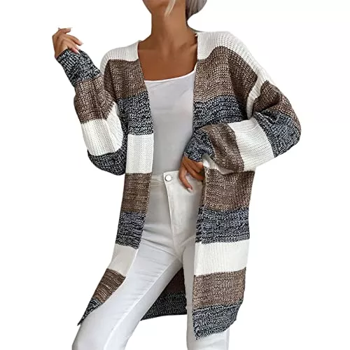 Generic Strickjacken Strickjacke Damen Lang Gestreift Cardigan Feinstrick Offen Jacke Herbst Winter Langarm Casual Cardigan Strickmantel Strickpullover Outerwear