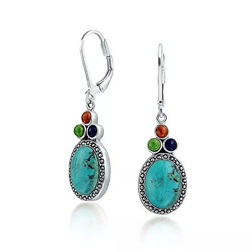 Bling Jewelry Schmuck Südwestlichen Stil Stabilisiert Türkis Oval Lapiskoralle Hebel Zurück Baumeln Tropfen Ohrringe Für Frauen 925 Sterling Silber