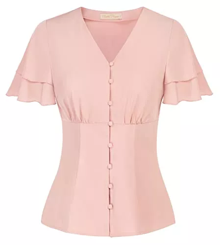 Belle Poque Kurzarmblusen Belle Poque Damen Vintage Bluse Kurzarm mit Rüschen V-Ausschnitt Knopfleiste Elegant Oberteile