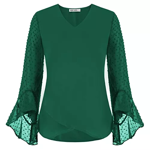 GRACE KARIN Langarmblusen GRACE KARIN Damen Elegant Chiffon Bluse Swiss Dots Tops Langarm Oberteile V-Ausschnitt Loose fit Shirts