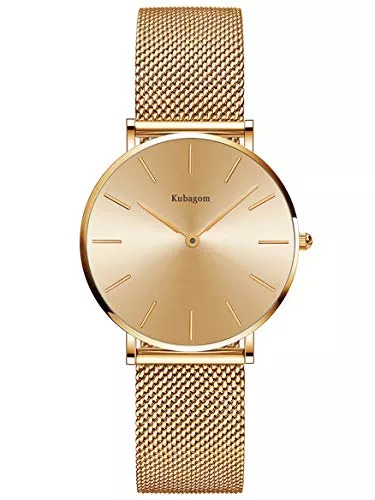 Kubagom Uhren Kubagom Damen Armbanduhr Analog Quarz Edelstahl Wasserdicht Mesh Ultradünne