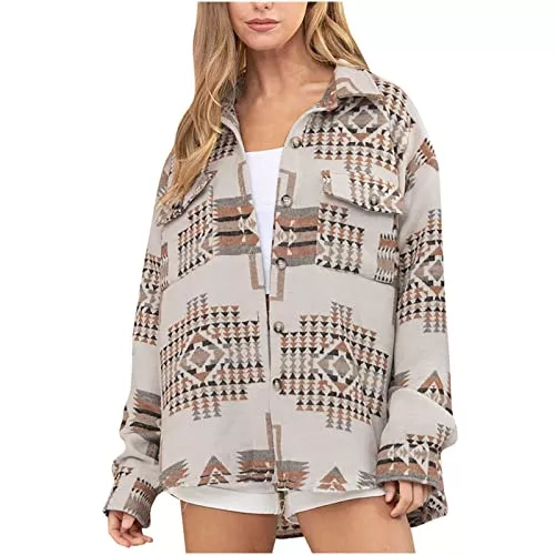 Generic Jacken Generic Mantel Damen Herbst Winter Vintage Drucken Übergangsjacke Damen Freizeit Jacke Harajuku Stil Sportjacke Streetwear Revers Knöpfen Langarm Jeansjacke mit Taschen