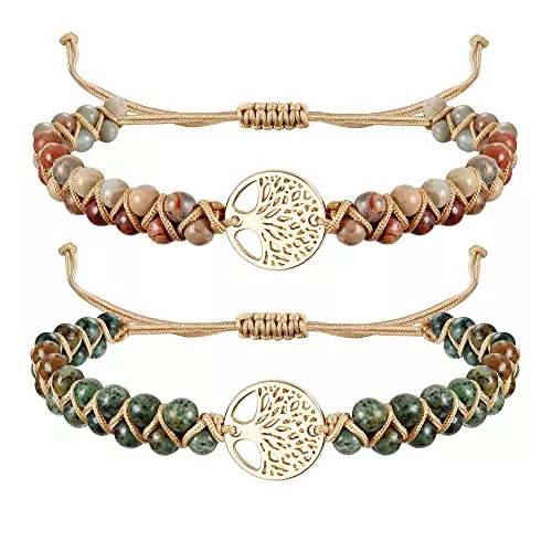 Dochais Schmuck Dochais 2PCS Edelstein Perlen Armreifen Armband Damen,Damen Yoga Armband,Damen Armband Handgefertigt,Armband Baum des Lebens