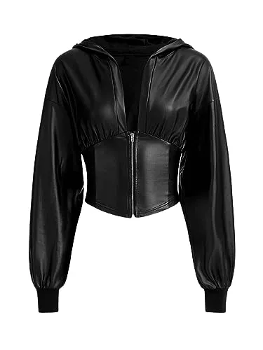 GORGLITTER Jacken GORGLITTER Crop Jacke Damen Leder Jacke Mit Kapuze Pu Lederjacke Bauchfrei Jacke Dünne Jacke Leicht Übergangsjacke Mit Reißverschluss