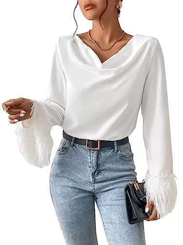 GORGLITTER Langarmblusen GORGLITTER Bluse Damen Elegant Langarm Bluse Mit Federn Am Ärmel Drapiertes Oberteil Blusenshirt Locker Langarmshirt Hemdbluse