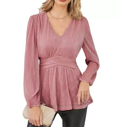 GRACE KARIN Langarmblusen GRACE KARIN Damen Elegant Tops Glitzer Langarm Sparkle Party Wickelbluse V-Ausschbitt Slim Fit Top Tunika Bluse