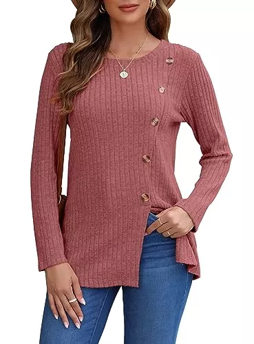 AUSELILY Pullover & Strickmode AUSELILY Pullover Damen für Frauen Langarm Tops Leicht Lose Casual Herbst Winter Tunika Pullover Rundhals Shirts Knöpfe Seite