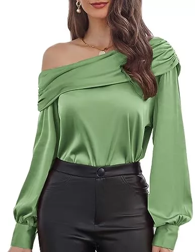 GRACE KARIN Langarmblusen GRACE KARIN Damen Satin Bluse Schulterfrei Langarmshirts Schräger Ausschnitt Elegant Oberteile Casual Party Tops