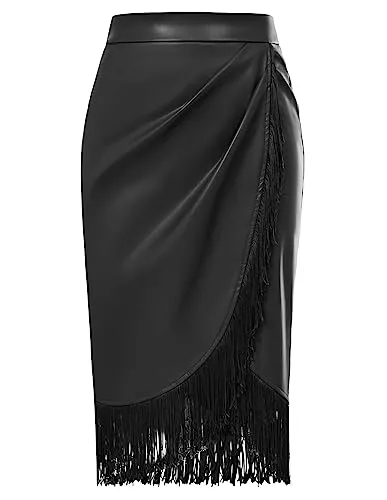 Belle Poque Röcke Belle Poque Damen Bleistiftrock PU Lederrock mit Fransen Bodycon Rock Party Cocktail