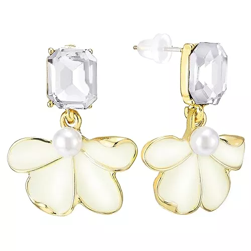 COOLSTEELANDBEYOND Schmuck Schöne Kristall Statement Ohrstecker Ohrringe Baumeln Tropfen mit Irregulär Blütenblatt von Crème Beige Emaille