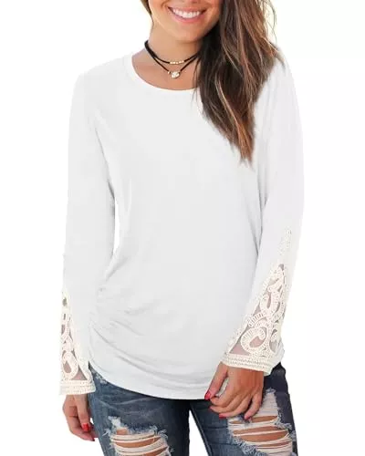 WIHOLL Langarmshirts WIHOLL Spitze Langarmshirt Rundhals Damen Pullover mit Seitliche Raffung 2023 Herbst Winter