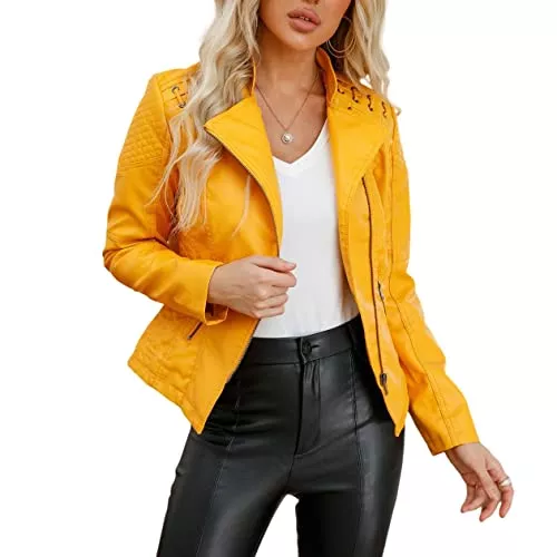 DISSA Jacken DISSA Damen Kunstleder Motorrad Jacke Lederjacke Schlank Reißverschluss Stehkragen Kurz Mantel,P6638