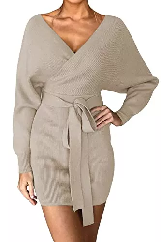 Imuedaen Freizeit Imuedaen Pulloverkleid Damen V-Ausschnitt Elegant Strickkleid Langarm Pullover Tunika Kleid Mit Gürtel für Herbst Winter