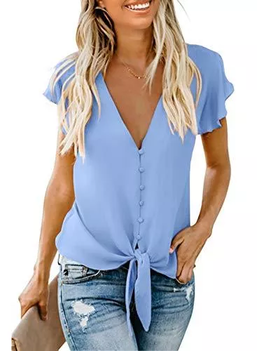 Aleumdr Ärmellose Blusen Aleumdr Damen Bluse Kurzarm Hemd V-Ausschnitt Bluse Leinen Tunika mit Konpfen Elegant Krawatte Business Casual Bluse Oberteile Hemd S-XXL