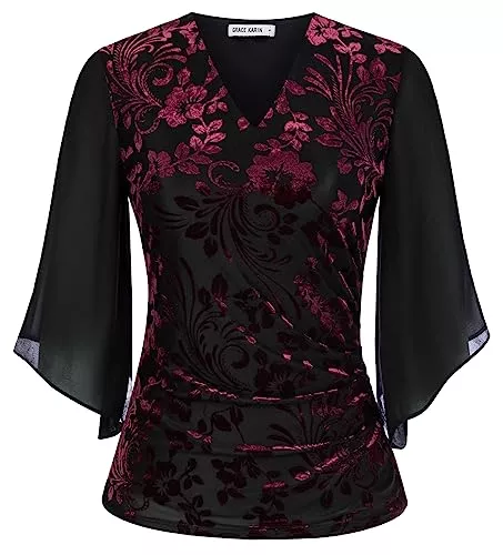 GRACE KARIN Langarmblusen GRACE KARIN Damen Elegant Chiffon Bluse 3/4 Ärmel Loose Fit V-Ausschnitt Tops Blumendruck Casual Shirt