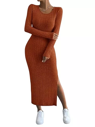 GORGLITTER Freizeit GORGLITTER Strickkleid Damen Mit Schlitz Figurbetontes Kleid Langarm Lang Kleid Mit U Ausschnitt Figurbetontes Kleid Mit Rippenstrick