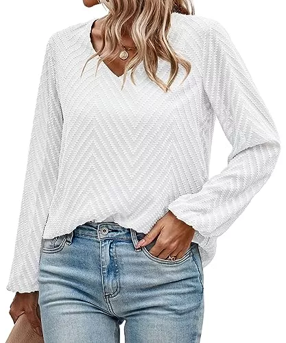 ASOMI Langarmshirts ASOMI Damen Bluse Langarm - Shirt - Oberteil Elegant 2023 Swiss Dot Hemd V-Ausschnitt Top Kragenlos Tunika Herbst Winter