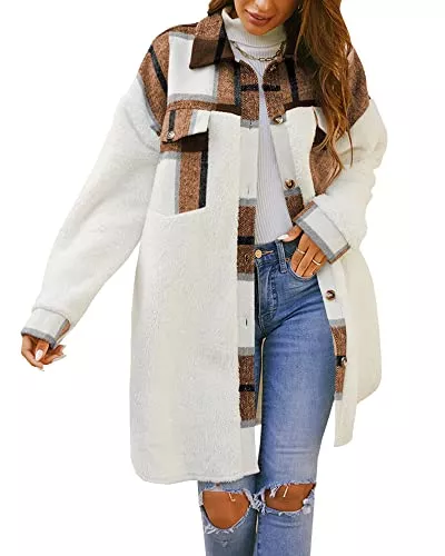 Feziakuk Mäntel Feziakuk Damen Mantel Flanell Dufflecoat Lässiges Revers Kariert Jacke Warme Mittellange Wollmantel Herbst Winter Einreihiger Kaschmirmantel Frauen Wintermantel