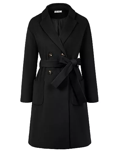 GRACE KARIN Mäntel GRACE KARIN Damen Business Mantel Lang Einfarbig Wintermantel V-Ausschnitt Reverskragen Übergangsjacke Knielang Overcoat mit Bindegürtel