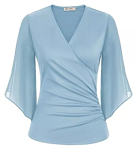 GRACE KARIN Langarmblusen GRACE KARIN Damen Elegant Chiffon Bluse 3/4 Ärmel Loose Fit V-Ausschnitt Tops Blumendruck Casual Shirt