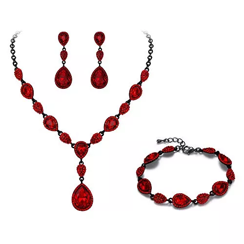Clearine Schmuck Clearine Schmuckset Zirkonia Edelstein Diamante Teardrop Hochzeit Braut Kostüm Statement Y-Halskette Ohrringe Tennis Armband Set für Frauen Rubin-Rot Schwarz-Ton