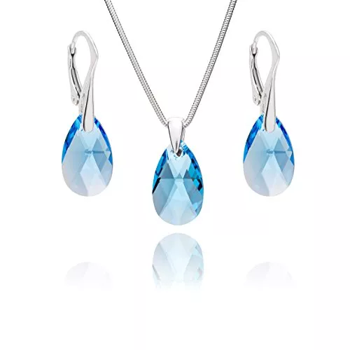 LillyMarie Schmuck Damen Silber Schmuckset Silber 925 Tropfen-Anhänger Swarovski Elements hell-blau längen-verstellbar Geschenkverpackung Kleine Geschenke für Frauen