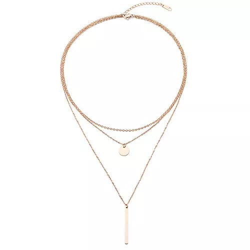 LEGITTA Schmuck LEGITTA Damen Layered Kette mit Runder Plättchen und Stab Anhänger Zarte Mehrreihige Halskette aus Titan Nickelfrei