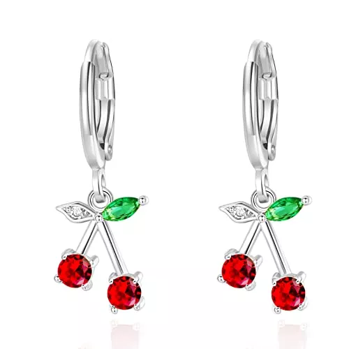 VONSSY Schmuck VONSSY Kirsche Ohrringe | Simulierte Edelsteine ​​Tropfen baumeln rote Ohrringe | Stilvolles Platin / Roségold Leverback Cherry Crystal Stud | Muschel Perlenohrringe | Kirschschmuck Geschenk für Liebhaber…