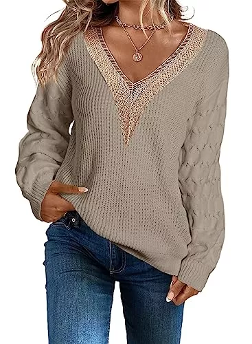 Aleumdr Pullover & Strickmode Aleumdr Pullover Damen Sweatshirt V-Ausschnitt Pullover Damen Elegant Strickpullover Damen Oversize Einfarbig Strickpulli Damen Langarm Herbst Strickpulli Damen Winterpullover