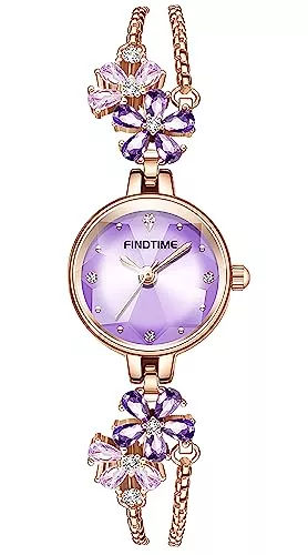 findtime Uhren Uhr Damen Schmuck Elegant Schöne Blumen aus Kristall Edelstahl Analog Quarz Uhren Damen Armbanduhr Frauen Wasserdicht Luxus Klassisch Mode Einfach Diamant Kleider Business Casual Frauen Mädchen Uhr