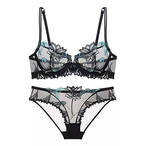 CJshop Unterwäsche & Dessous Sexy Reizwäsche Dessous Set Floral Lace Dessous für Frauen, Schiere Spitze Ruffleribbed BH und Slip Sets 2 Stück Damen BH Set (Color : Black, Cup Size : 75C)