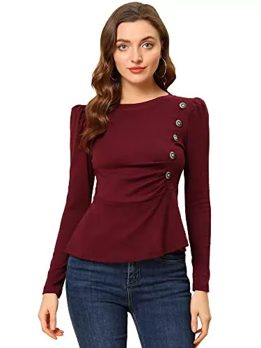 Allegra K Langarmshirts Allegra K Damen Rundhals-Shirt Knopfdekor Langarm Schößchen Oberteil