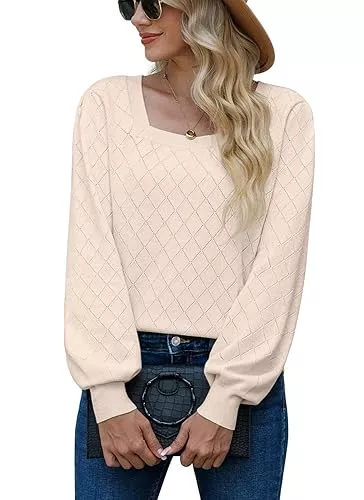 PrinStory Pullover & Strickmode PrinStory Damen Pullover Pullover Quadrat Hals Laterne Ärmel Tunika Top für Herbst Winter