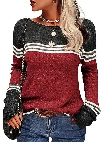 Tankaneo Pullover & Strickmode Tankaneo Damen Pullover Colorblock Langarm Rundhals Strickpullover Gestreift Slim Fit Strickwaren Tops