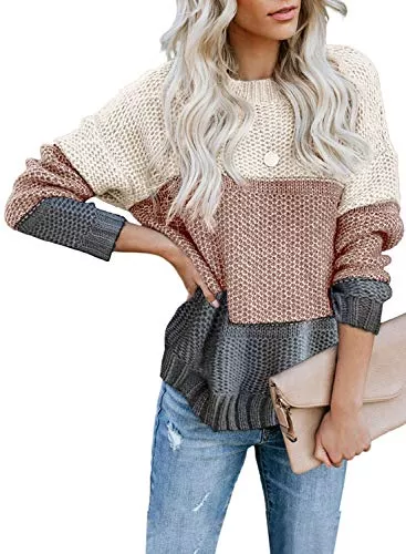 FIYOTE Pullover & Strickmode FIYOTE Damen Strickpullover Farbblock Pullover Casual Winter Sweater Sweatshirt Winter Bluse Streifenpullover 4 Farbe S/M/L/XL/XXL