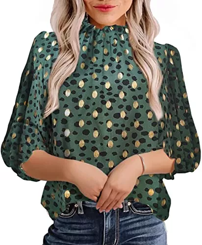 datasy Langarmblusen datasy Damen Lässiges Leopard Bluse Puff 3/4 Ärmel Rüschen Mock Neck Lockeres Elegant Langarm Oberteil Leopard Aprikose S