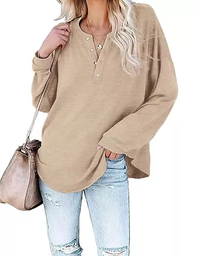 Florboom Langarmshirts Florboom Tshirt Damen Langarmshirts Lässig Pullover V-Ausschnitt Lose Longshirt mit Knöpfen