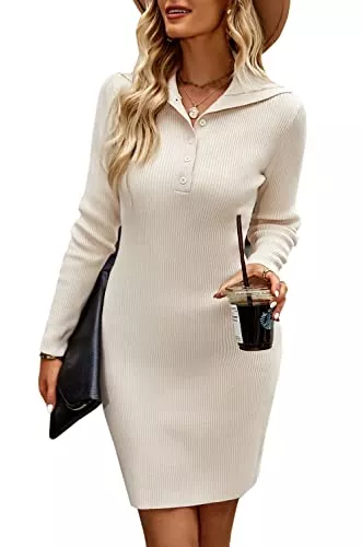 ZIYYOOHY Freizeit ZIYYOOHY Damen Pulloverkleid Geripptes Slim-fit Bleistiftkleid Einfarbig Langarm Strickkleid Revers Kragen mit Knöpfen