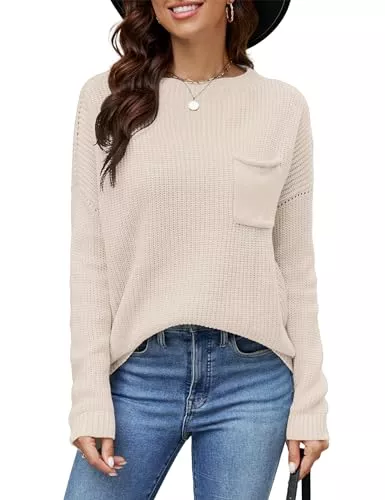 Beluring Pullover & Strickmode Beluring Damen Strickpullover Casual Langarm Oberteile Herbst Winter Rundhals Sweater mit Tasche