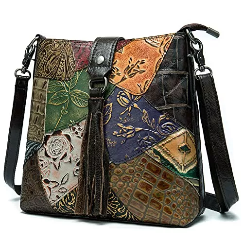 Karoukee Taschen & Rucksäcke Karoukee Vintage Patchwork Umhängetasche Damen, Retro Rindsleder Schultertasche mit Geprägten Blumenmuster, Mode Crossbody Bag mit Quasten, Casual Medium Handtasche für Frauen
