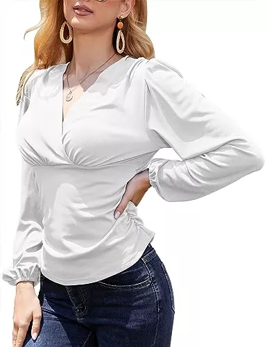 ANGGREK Langarmblusen Damen Cross-Front Tiefer V-Ausschnitt Low Cut T-Shirt Geraffte Cross Wrap Kurze Rüschenärmel Taucher Sexy Bluse Solid Slim Fit Surplice Wrap Tunika