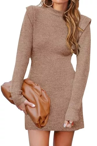 Neitooh Freizeit Neitooh Strickkleid Damen, Elegant Pulloverkleid Winterkleider Strickkleid mit Taillenband, Rundhals A-Linien Langarm Kleid mit Schößchensaum