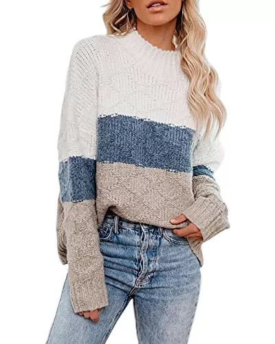 ANCAPELION Pullover & Strickmode ANCAPELION Ancapelio Damen Grobstrick Pullover Casual Stricken Sweater Lange Ärmel Pulli Farbblock Sweatshirt Elegant Jumper Rundhals Lose Oberteile Herbst Winter Outwear für Frauen