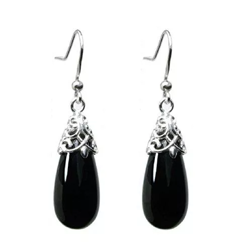 Queenberry Schmuck Queenberry Ohrringe Sterling-Silber 925 schwarzer natürlicher Onyx Tropfenform filigran