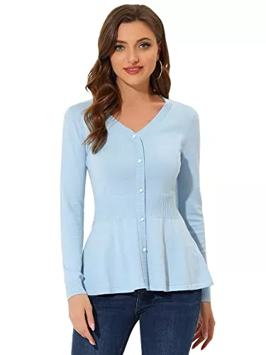 Allegra K Langarmblusen Allegra K Damen Pullover Langarm V-Ausschnitt Peplum Knopfleiste Strick Top Bluse