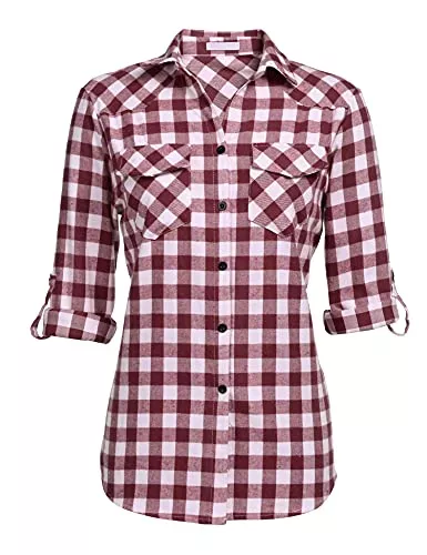 UNibelle Langarmblusen UNibelle Damen Kariertes Hemd mit Knopfleiste kurz/Langarm Oktoberfest Bluse Karo Tunika Baumwolle Tops Casual V-Ausschnitt Oberteile