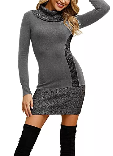 FLEASEE Freizeit FLEASEE Damen Elegant Pullover Kleid Rollkragen Jumper Kleid Sexy Partykleid Warme Wickelkleid Strickpullover für Winter schwarz